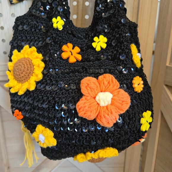 FLR PWR Upcycled Sunflower Hobo bag coin purse black sequin yellow orange - Picture 4 of 17